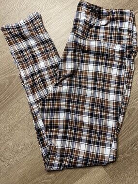 Poof New York Brown Plaid Soft Stretch Leggings – Women’s Size Large, Ankle